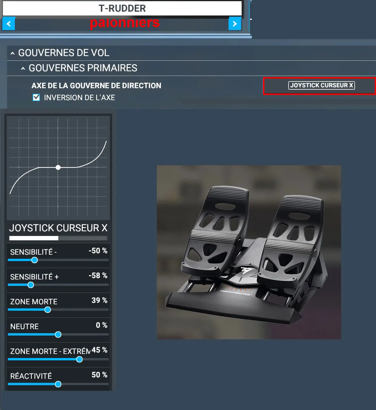 Tutoriels MSFS, Réglage des palonniers T-Rudder de Thrustmaster